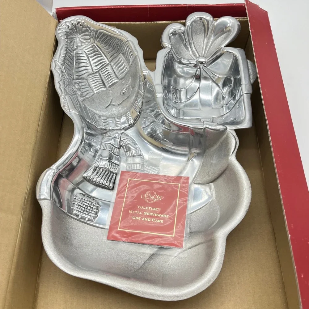 Lenox Yuletide Metal Snowman Chip Dip Server‎ Holiday Serving Platter Open Box